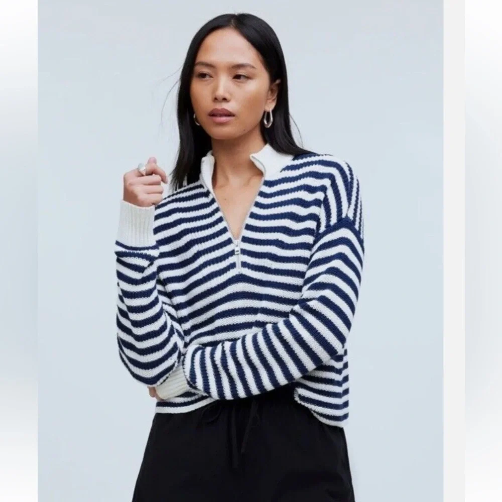 Madewell Ribbed Half-Zip Sweater in Striped NWT Size Small
